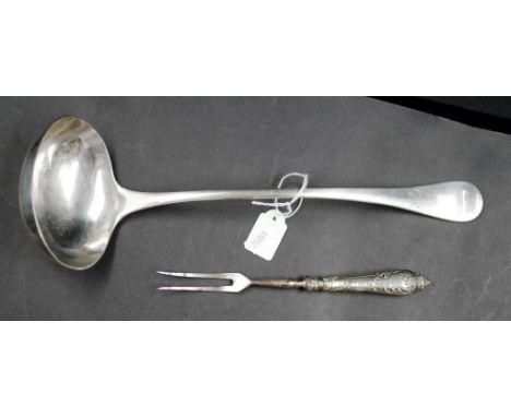 Large silver plated ladle marked BM&W, Y, together with a Russian fork
