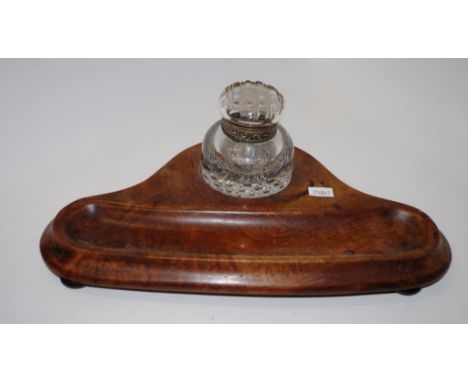 Vintage crystal inkwell &amp; pen stand lidded crystal inkwell, set into fitted wooden pen stand, (diameter 31cm approx).