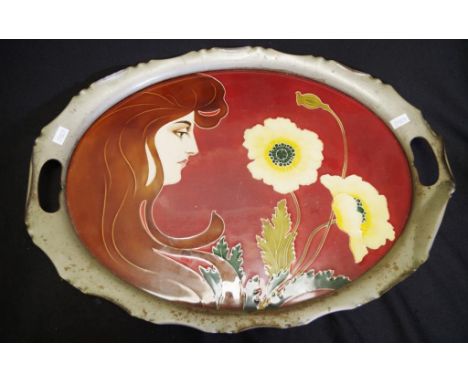 Continental Art Nouveau ceramic serving tray oval serving tray, pewter framed, with decorated ceramic centre surface with por