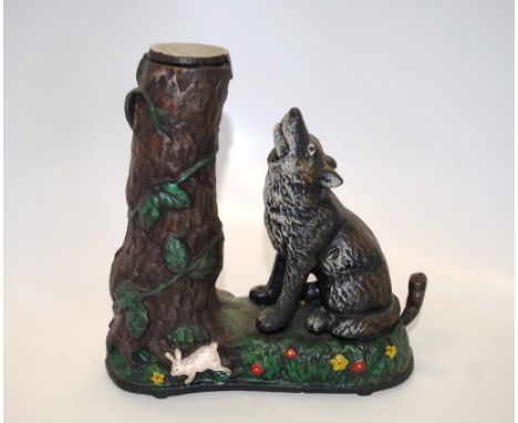 Vintage cast iron dog &amp; tree trunk money box height