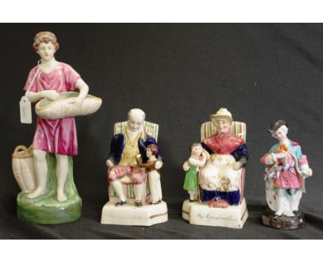 Group four early painted ceramic figures including: pair 'My Grandmother/Grandfather,' seated figures, (height 16cm approx, e