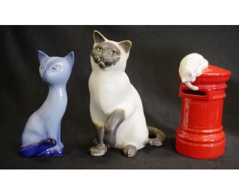 Three pottery cat figures including Lily handmade by Moorside Design height approx 20cm, John Beswick cat on letterbox and vi