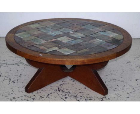 Retro ceramic tile covered coffee table circular coffee table, with ceramic tiled surface, wooden border, on quad-footed base