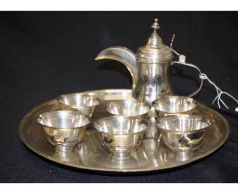 Egyptian eight piece silver coffee set tests as 400 silver, including coffee pot, and 6 matching bowls, with circular serving