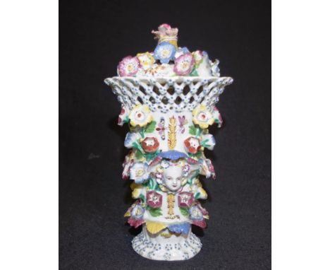 Antique Coalport ceramic lidded pot pourri jar with extensive applied blossom decoration to lid and jar, pierced decoration t