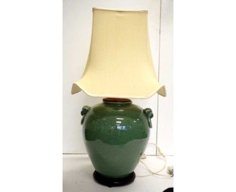 Oriental celadon crackle glazed electric lamp with baluster shaped base, 73cm high approx