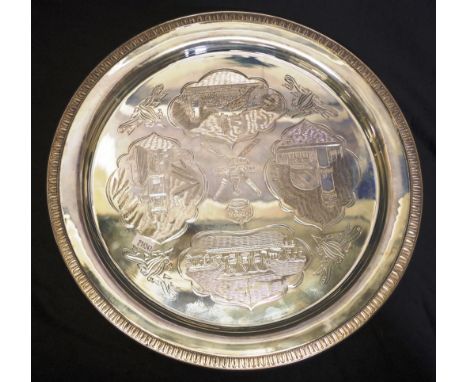 Oman sterling silver tray marked 925, with etched Oman crest and traditional scenes, approximate total weight 1790 grams, in 