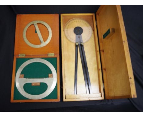 Three vintage protractors 2 with wood storage cases, 22.5cm x 23cm and 46cm x 19cm approx