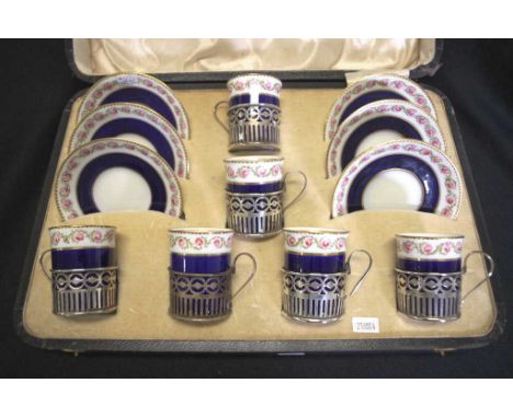 Boxed set Edward VII silver cased coffee set including set 6 sterling silver cased Crescent, England marked ceramic coffee cu