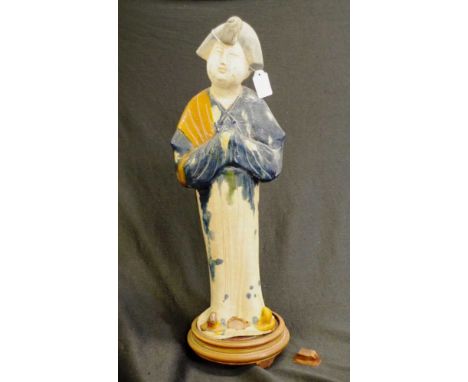 Chinese ceramic standing woman figure marked to base with wax seal, (height 41cm approx), on wood stand.