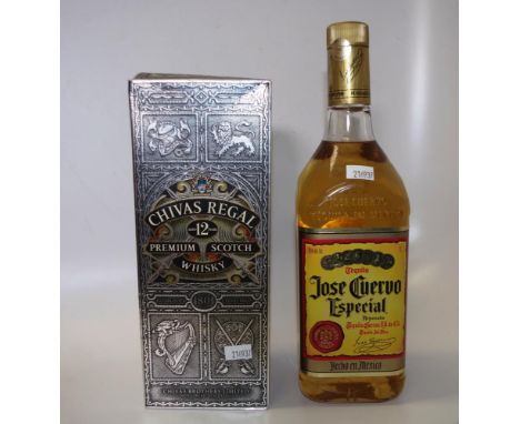 One bottle:Chivas regal 12years old scotch whisky 700ml bottle, together with a 1 litre bottle of Tequila Jose Cuervo especia