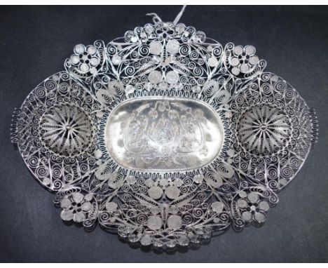 Chinese 19th century silver filigree tray with impress character marks to base, 120 grams, 20cm length approx
