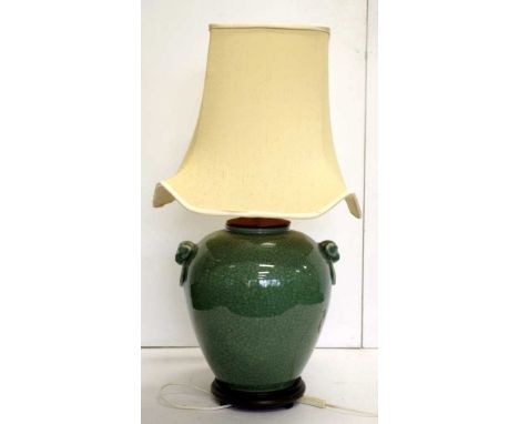Oriental celadon crackle glazed electric lamp with baluster shaped base, 73cm high approx