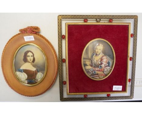 Two various framed portrait miniatures including: signed image of a young woman, in decorative oval frame, (height 9cm approx