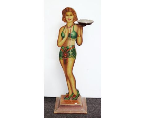 Carved wood figural smoker's stand decorated with painted figure, holding an ashtray, on footed base, (height 82cm approx).