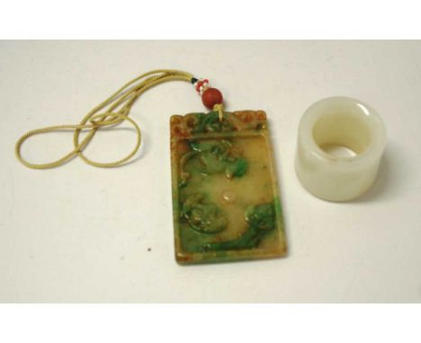 Early cased Chinese carved jade pendant &amp; ring carved jade pendant, (height 7cm approx), on beaded string necklace, toget