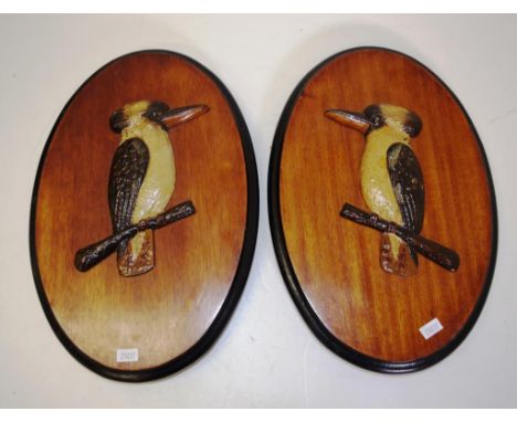 Pair of good enamel kookaburras on plaques height approx 36cm