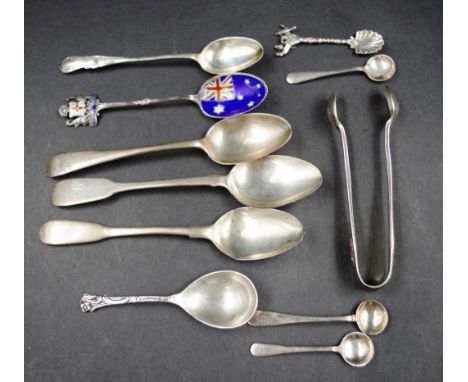Group silver teaspoons etc. including: Australian souvenir enamel decorated spoon;m4 various condiment spoons; a pair sugar n