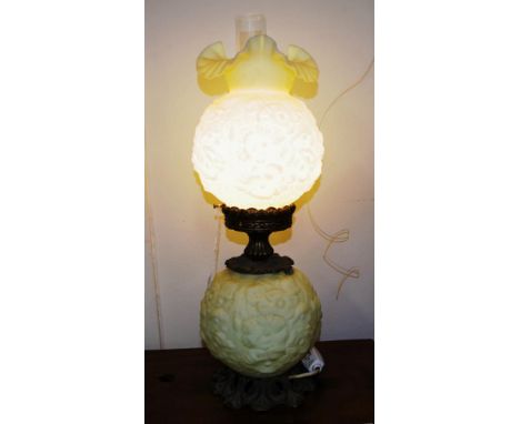 Large antique brass &amp; milk glass table lamp double circular milk glass shades, to brass framed electric lamp, with brass 