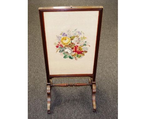 Vintage wood framed embroidered firescreen turned wood frame and base, supporting firescreen with embroidered decoration, (he