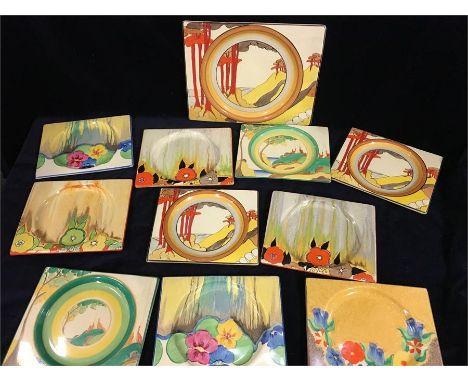 Bizarre by Clarice Cliff, Royal Staffordshire England Reg NO 784849 (The Biarritz) Ten plates and one platter in good conditi