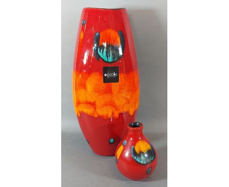 A Poole Pottery Manhattan vase with volcano glaze, 37cms tall, together with another similar smaller vase, 13cms tall 