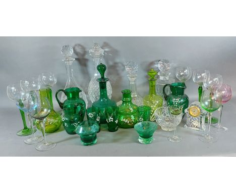 A cut glass ships decanter, together with other glassware to include hock glasses, a Waterford glass clock, two Caithness vas