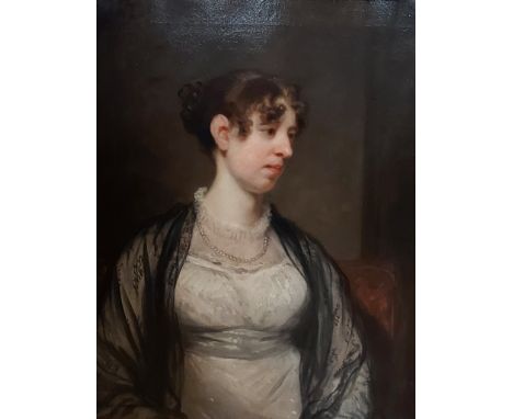 19th Century English school, half length portrait of a girl in period dress wearing a pearl necklace, oil on canvas bearing m