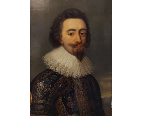 19th Century English school in the 17th Century style, portrait of Charles I wearing armour and with silk collar, oil on boar