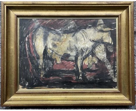 Valda Jackson MBE (Jamaican-British, Contemporary), painting and wax resist depicting a creature, possibly a dog or a bull, 2
