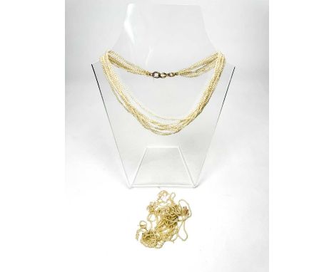 A 19th century eight-strand necklace, with bolt ring clasp and further seed pearl strands, length of necklace 32.5cm, total w