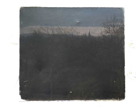Attributed to Sarah Celia Harrison (Irish, 1863-1941), a twilight landscape of silhouetted trees and tower against a blue/mau