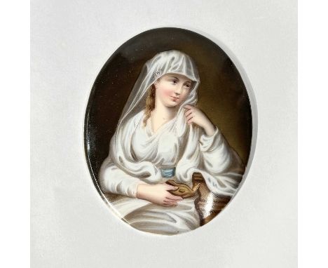 A hand painted 19th century porcelain plaque after Angelica Kauffmann's 'Portrait of a Lady as a Vestal Virgin', oval form, 7