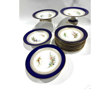 A Grainger &amp; Co Worcester part dessert service including tazzas on gilded scroll-moulded pedestals, c.1880, hand painted 