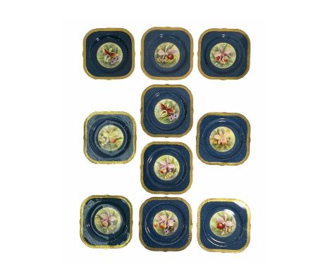 Albert Shuck for for Royal Worcester, a group of ten square ogee-edged plates, hand-painted with a central roundel of orchids
