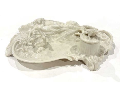 A Belleek second black mark ink well and pen stand, Art Nouveau style, foliate moulded with a relief figure of a mermaid, the