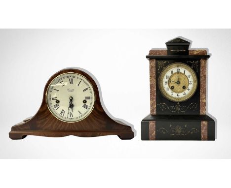 A French slate and marble mantle clock with gilt intaglio detailing and an enamel face, 31cm high (1)