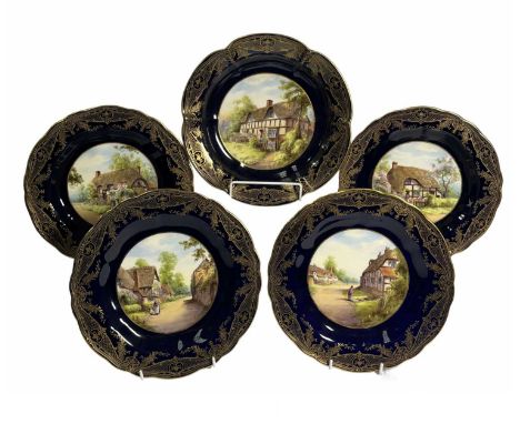 Local Interest: Charles Creese for Royal Worcester, four plates and a soup bowl, hand painted with transfer overlay depicting