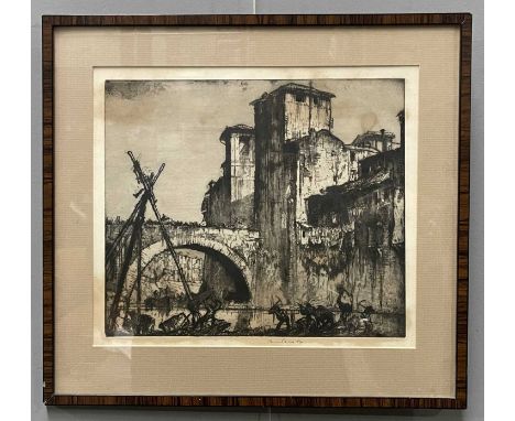 Frank Brangwyn (Belgian, 1867-1956), a river landscape with bridge, signed l.r., etching, 30 by 35cm, framed