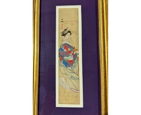 China or Japan, a late 19th or early 20th century portrait of a geisha, tempera on silk, possibly Youtian, 28.5 by 6cm, gilt 