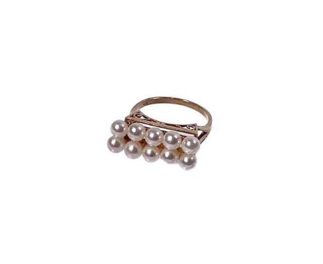 A 14ct gold cultured pearl two-row ring, cultured pearls measure approximately 5mm, band stamped k14, ring size M, 3.7g