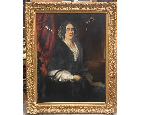 A. Buxton (19th century), a large half-portrait of a finely dressed woman, accessorised with lace, gold jewellery and ornate 