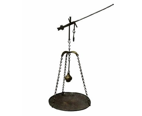 A pair of hand-held meat scales, possibly early 17th century, cast and hand-forged with hand-beaten copper weighing dish, 19c