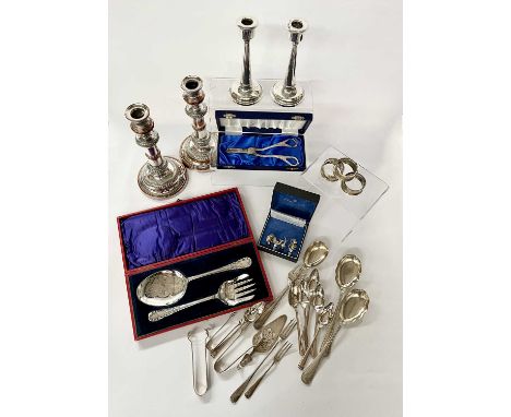 A quantity of flatware, boxed Arthur Price cutlery, serving spoons, grape scissors etc including a pair of hallmarked silver 