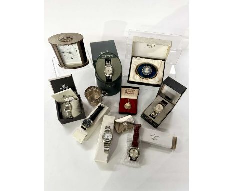 A collection of watches and silver plated flatware, including a boxed set of Edwardian fruit spoons and server, pierced fret 