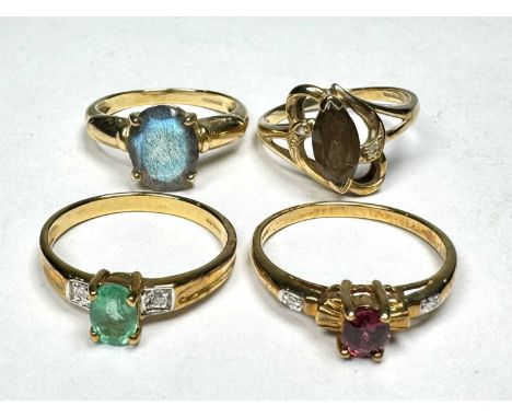 Four 9ct gold gem-set rings, gems to include ruby, emerald, diamond, labradorite etc, hallmarks for Birmingham 2005, total we