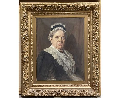 Portrait of an elderly woman dressed in black with white lace and mop cap, indistinctly signed l.l. and dated 1886, oil on ca