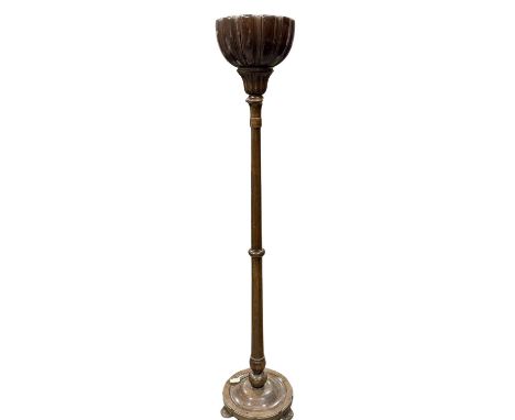 A large mahogany standard floor lamp, gadrooned bowl form atop a turned column on a circular three-foot base, 169cm
