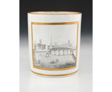 A Worcester porcelain mug, circa 1800, cylindrical form, monochrome painted with a scene of the city from the river, within g