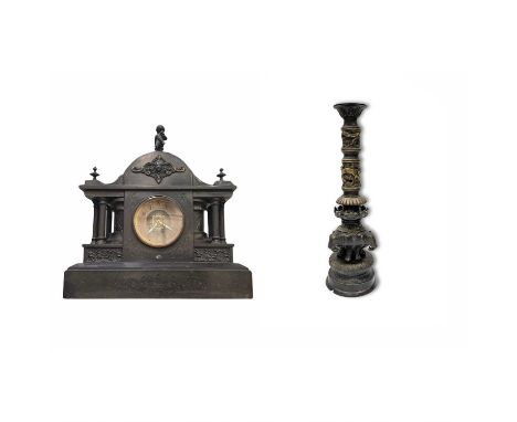 Clocks: a French 19th-century slate mantel clock with colonnade flanking classical friezes, Arabian numeral face and a musica